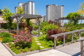 terrazzo condominiale con fiori e piante