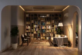 salotto con libreria e divano