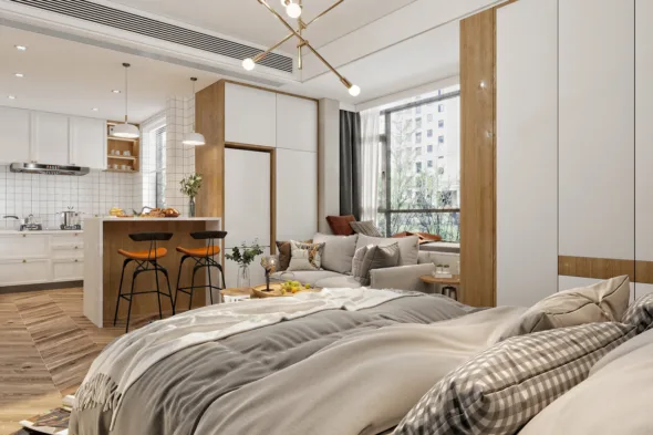 appartamento moderno con letto in primo piano