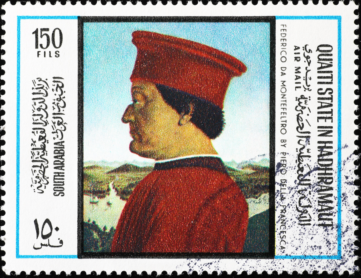 Federico da Montefeltro dipinto da Piero della Francesca, riproduzione su un francobollo