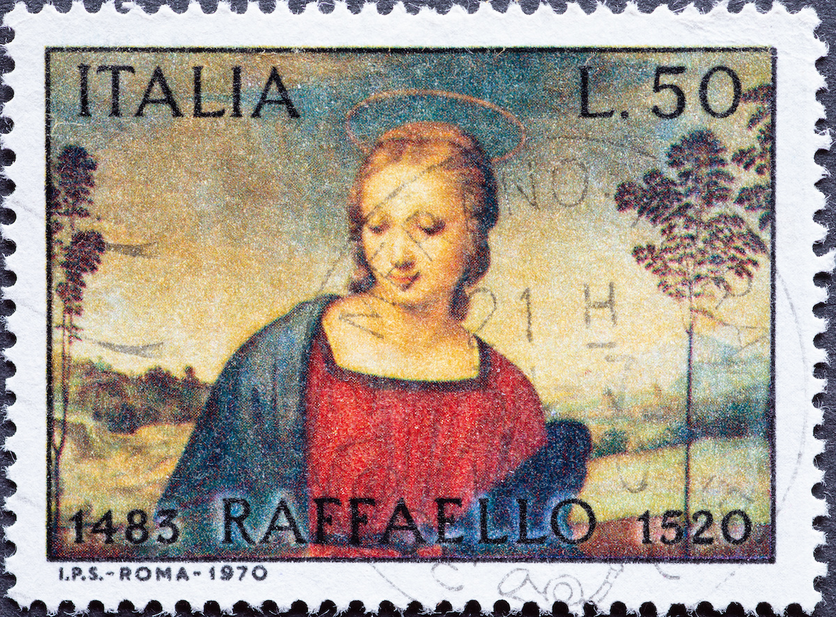 Riproduzione su francobollo della Madonna del Cardellino