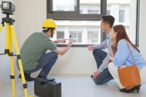 operatore misura decibel di rumore in casa di una coppia giovane