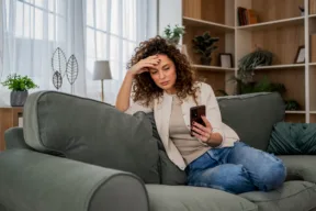 una persona pensierosa sul divano con il telefono in mano