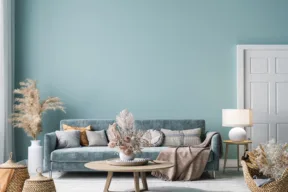 soggiorno con colori cerulei