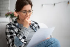 una persona pensierosa legge un documento