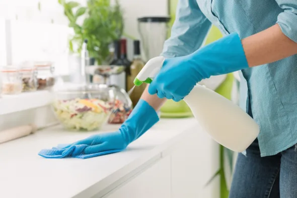persona pulisce ripiano della cucina